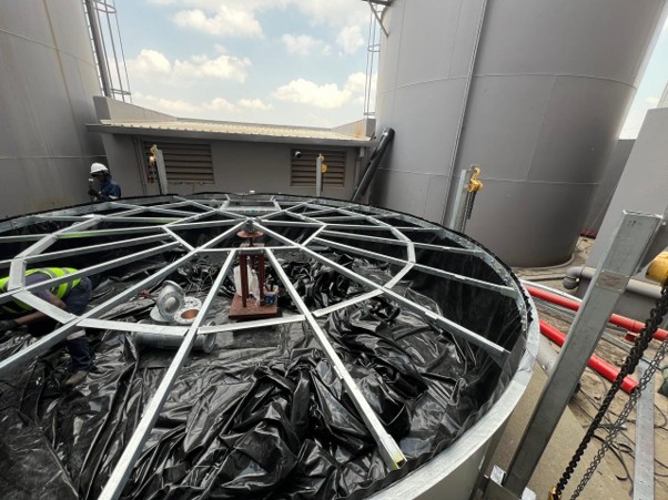 Roof-support structure of the Videx cylindrical fire-water tank being assembled on site at Southgate Mall during installation.