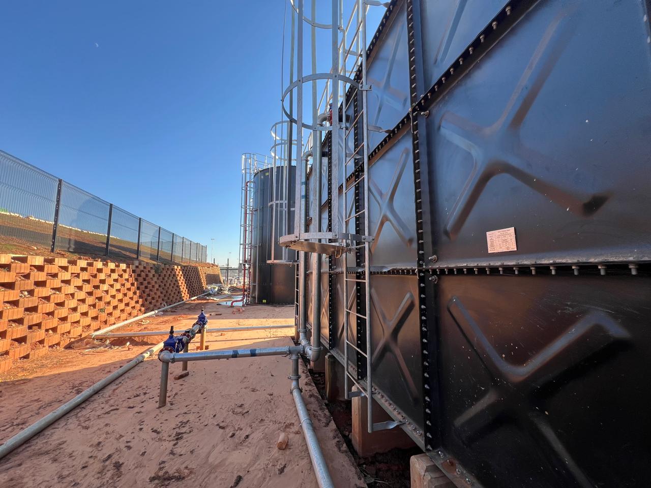 Close-up of Videx powder-coated sectional steel water tank at Fleurhof Mall